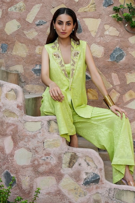 Shop Nazar By Indu Lime Cotton Beads, Sequins, Embroidery V-neck Sleeveless Jacket And Palazzo Set Online at Aza Fashions Shop_Nazar By Indu_Lime Cotton Beads, Sequins, Embroidery V-neck Sleeveless Jacket And Palazzo Set _Online_at_Aza_Fashions