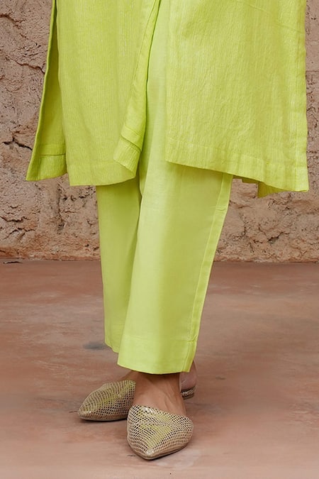 Nazar By Indu Lime Cotton Embroidery, Beads, Tassels V-neck, Floral Leaf Kurta And Pant Set Online at Aza Fashions Nazar By Indu_Lime Cotton Embroidery, Beads, Tassels V-neck, Floral Leaf Kurta And Pant Set _Online_at_Aza_Fashions