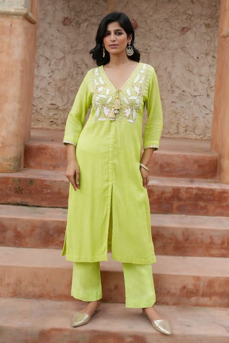Buy Nazar By Indu Lime Cotton Embroidery, Beads, Tassels V-neck, Floral Leaf Kurta And Pant Set Online at Aza Fashions Buy_Nazar By Indu_Lime Cotton Embroidery, Beads, Tassels V-neck, Floral Leaf Kurta And Pant Set _Online_at_Aza_Fashions