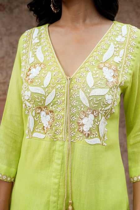 Nazar By Indu Lime Cotton Embroidery, Beads, Tassels V-neck, Floral Leaf Kurta And Pant Set at Aza Fashions Nazar By Indu_Lime Cotton Embroidery, Beads, Tassels V-neck, Floral Leaf Kurta And Pant Set _at_Aza_Fashions
