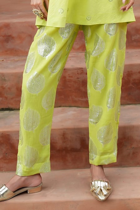 Nazar By Indu Lime Cotton Gota Patti, Embroidery, Sequins, And Thread Accent Kurta & Pant Set Online at Aza Fashions Nazar By Indu_Lime Cotton Gota Patti, Embroidery, Sequins, And Thread Accent Kurta & Pant Set _Online_at_Aza_Fashions