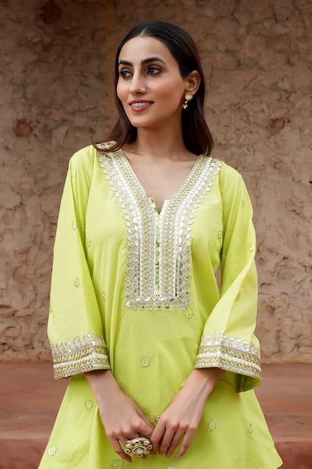 Buy Nazar By Indu Lime Cotton Gota Patti, Embroidery, Sequins, And Thread Accent Kurta & Pant Set Online at Aza Fashions Buy_Nazar By Indu_Lime Cotton Gota Patti, Embroidery, Sequins, And Thread Accent Kurta & Pant Set _Online_at_Aza_Fashions