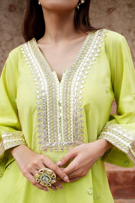 Nazar By Indu Lime Cotton Gota Patti, Embroidery, Sequins, And Thread Accent Kurta & Pant Set at Aza Fashions Nazar By Indu_Lime Cotton Gota Patti, Embroidery, Sequins, And Thread Accent Kurta & Pant Set _at_Aza_Fashions