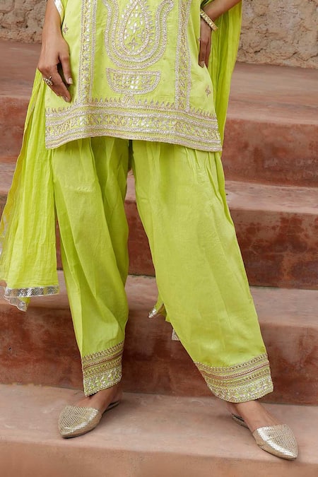 Nazar By Indu Lime Cotton Gota Patti Split V-neck Embroidered Kurta Set Online at Aza Fashions Nazar By Indu_Lime Cotton Gota Patti Split V-neck Embroidered Kurta Set _Online_at_Aza_Fashions