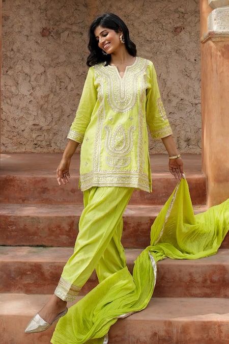 Shop Nazar By Indu Lime Cotton Gota Patti Split V-neck Embroidered Kurta Set Online at Aza Fashions Shop_Nazar By Indu_Lime Cotton Gota Patti Split V-neck Embroidered Kurta Set _Online_at_Aza_Fashions