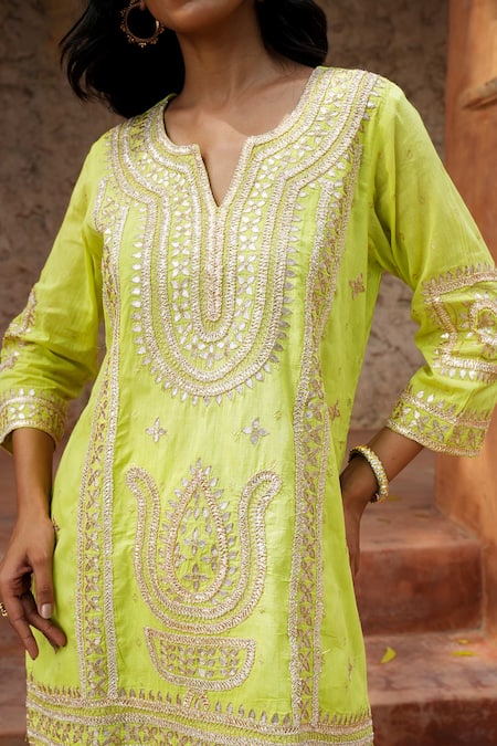 Nazar By Indu Lime Cotton Gota Patti Split V-neck Embroidered Kurta Set at Aza Fashions Nazar By Indu_Lime Cotton Gota Patti Split V-neck Embroidered Kurta Set _at_Aza_Fashions