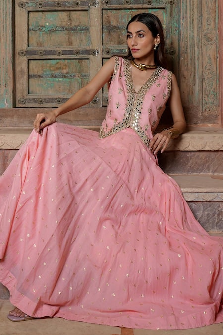 Nazar By Indu Blush Cotton Mirrors, Zari, Embroidery V-neck And Lehenga Set Online at Aza Fashions Nazar By Indu_Blush Cotton Mirrors, Zari, Embroidery V-neck And Lehenga Set _Online_at_Aza_Fashions