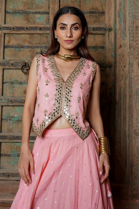 Shop Nazar By Indu Blush Cotton Mirrors, Zari, Embroidery V-neck And Lehenga Set Online at Aza Fashions Shop_Nazar By Indu_Blush Cotton Mirrors, Zari, Embroidery V-neck And Lehenga Set _Online_at_Aza_Fashions