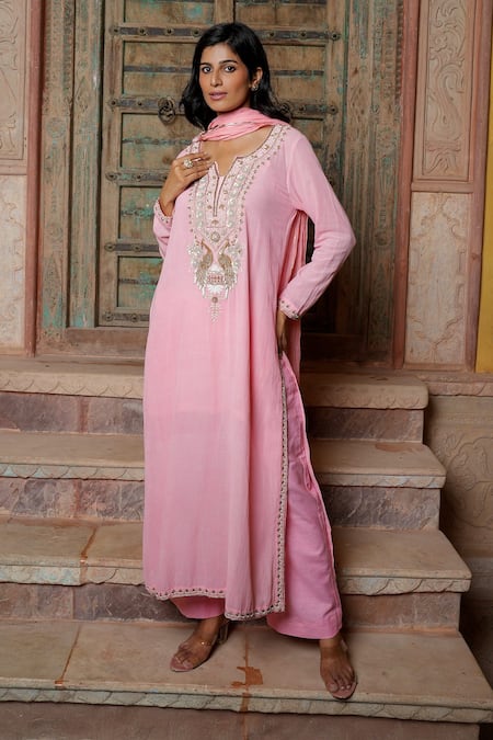 Nazar By Indu Blush Cotton, Georgette Embroidery, Mirrors, Metallic Thread And Kurta Set at Aza Fashions Nazar By Indu_Blush Cotton, Georgette Embroidery, Mirrors, Metallic Thread And Kurta Set _at_Aza_Fashions