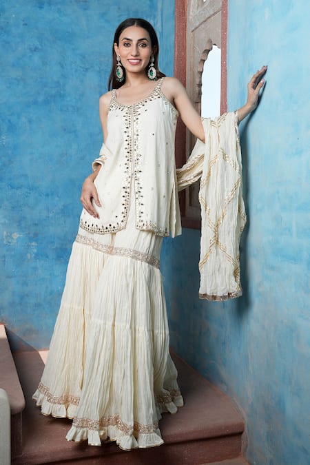 Buy Nazar By Indu Ivory Cotton Mirrors, Embroidery, Gota Patti Scoop Strappy Kurta Sharara Set Online at Aza Fashions Buy_Nazar By Indu_Ivory Cotton Mirrors, Embroidery, Gota Patti Scoop Strappy Kurta Sharara Set _Online_at_Aza_Fashions