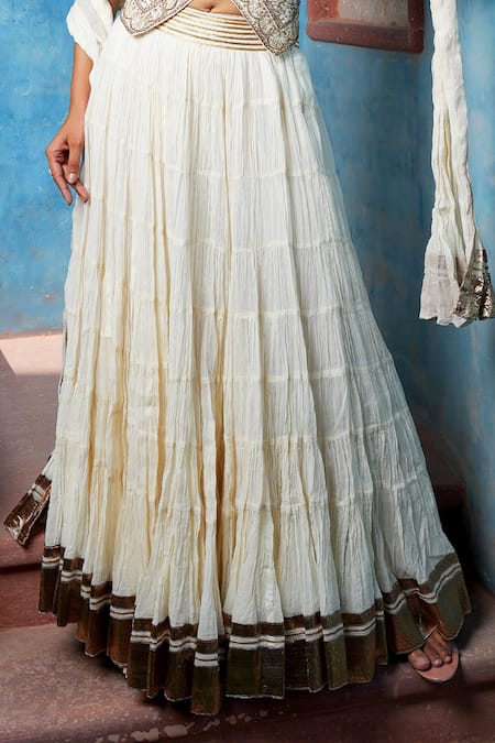 Nazar By Indu Ivory Cotton Embroidery, Metallic Thread V-neck Pita And Zari Jacket Lehenga Set Online at Aza Fashions Nazar By Indu_Ivory Cotton Embroidery, Metallic Thread V-neck Pita And Zari Jacket Lehenga Set _Online_at_Aza_Fashions