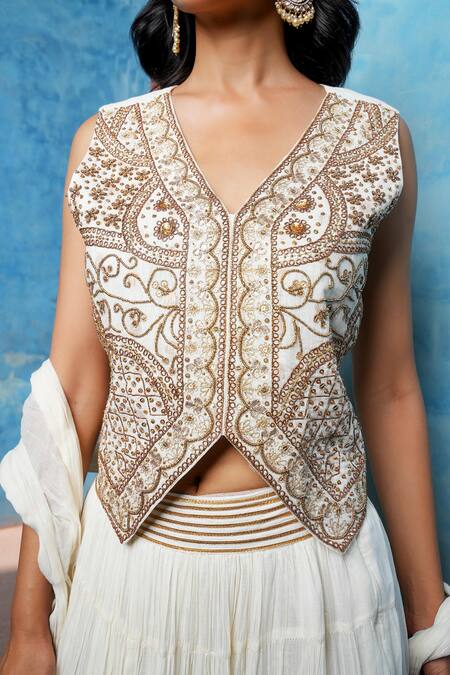 Nazar By Indu Ivory Cotton Embroidery, Metallic Thread V-neck Pita And Zari Jacket Lehenga Set at Aza Fashions Nazar By Indu_Ivory Cotton Embroidery, Metallic Thread V-neck Pita And Zari Jacket Lehenga Set _at_Aza_Fashions