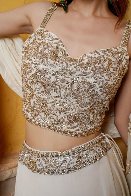 Shop Nazar By Indu Ivory Cotton Sequins, Metallic Thread, Blouse And Fluid Skirt Lehenga Set Online at Aza Fashions Shop_Nazar By Indu_Ivory Cotton Sequins, Metallic Thread, Blouse And Fluid Skirt Lehenga Set _Online_at_Aza_Fashions