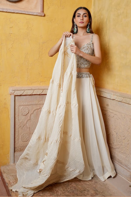 Nazar By Indu Ivory Cotton Sequins, Metallic Thread, Blouse And Fluid Skirt Lehenga Set at Aza Fashions Nazar By Indu_Ivory Cotton Sequins, Metallic Thread, Blouse And Fluid Skirt Lehenga Set _at_Aza_Fashions
