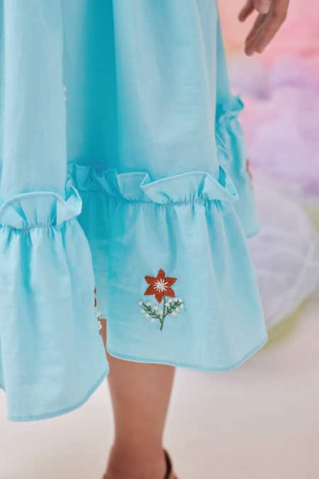 Littleens_Aqua Cotton Embroidery, Ruffles Ophelia Flower Dress _Online_at_Aza_Fashions
