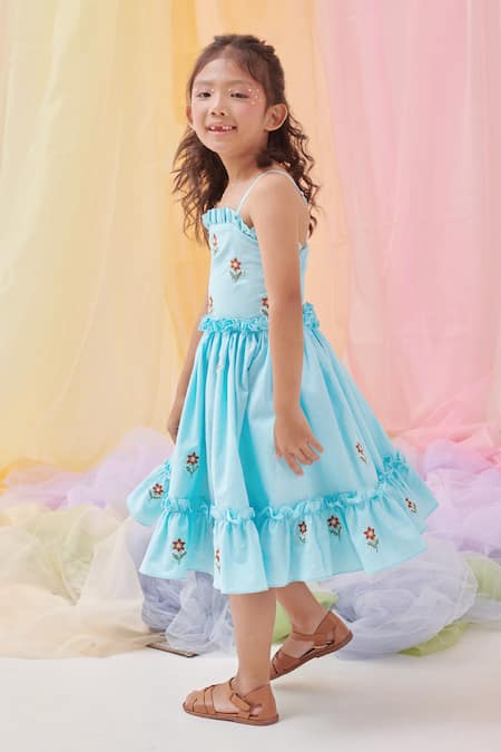 Buy_Littleens_Aqua Cotton Embroidery, Ruffles Ophelia Flower Dress _Online_at_Aza_Fashions