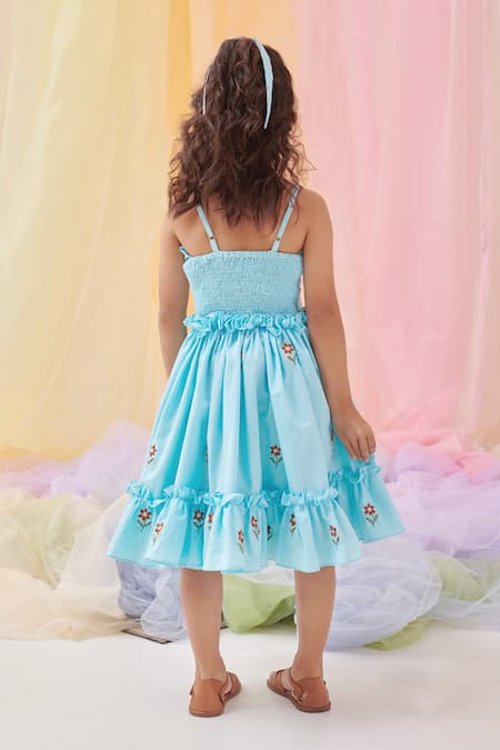 Shop_Littleens_Aqua Cotton Embroidery, Ruffles Ophelia Flower Dress _Online_at_Aza_Fashions