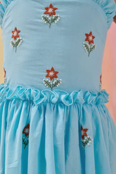 Shop_Littleens_Aqua Cotton Embroidery, Ruffles Ophelia Flower Dress 