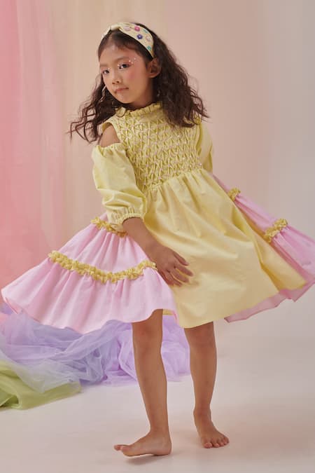 Littleens_Yellow Cotton Embroidery, Sequins Mabel Hand Layered Dress _Online_at_Aza_Fashions