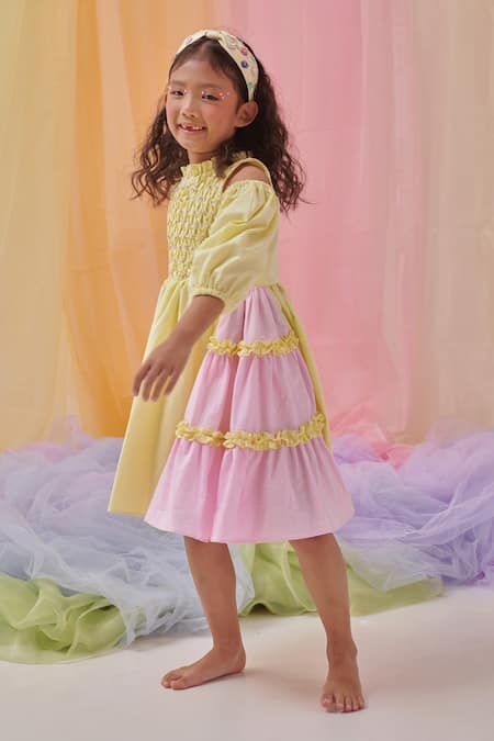 Buy_Littleens_Yellow Cotton Embroidery, Sequins Mabel Hand Layered Dress _Online_at_Aza_Fashions
