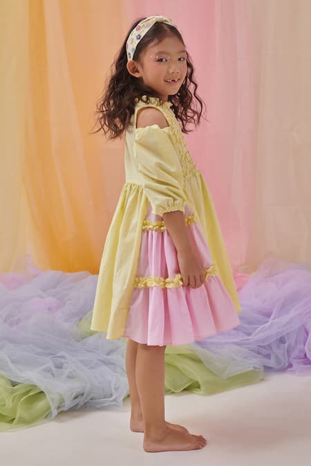 Shop_Littleens_Yellow Cotton Embroidery, Sequins Mabel Hand Layered Dress _Online_at_Aza_Fashions