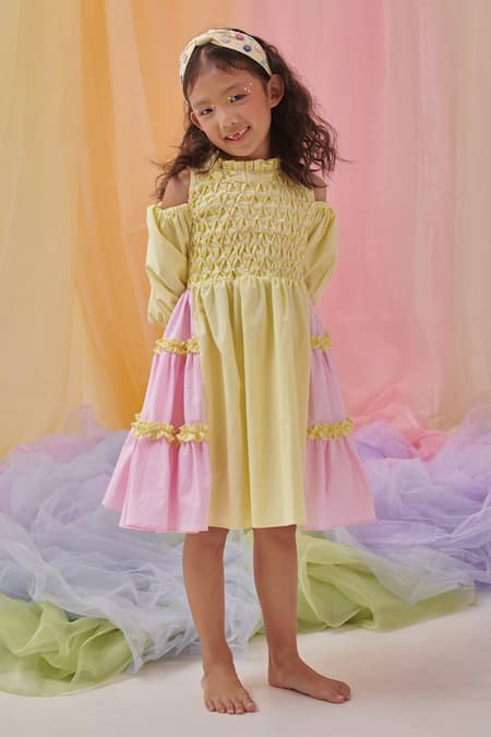 Shop_Littleens_Yellow Cotton Embroidery, Sequins Mabel Hand Layered Dress 