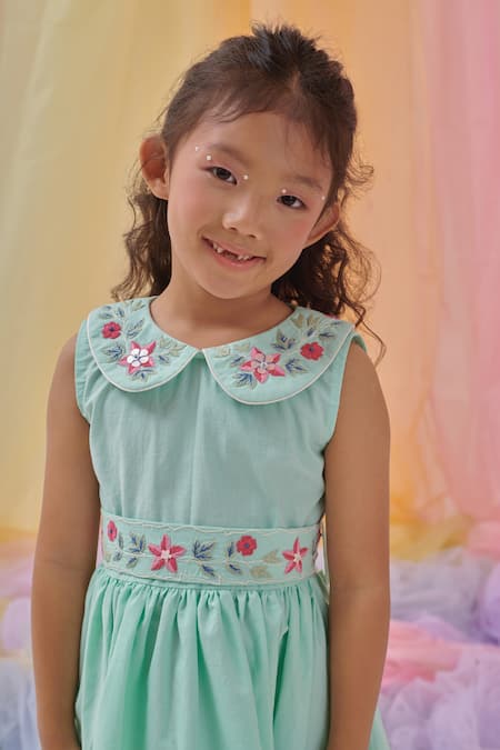 Littleens_Mint Cotton Embroidery, Piping Elsie A-line Dress With Belt _Online_at_Aza_Fashions