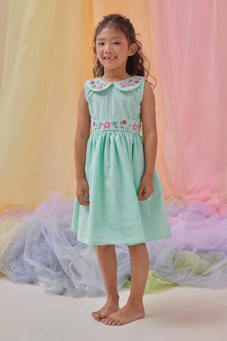 Littleens_Mint Cotton Embroidery, Piping Elsie A-line Dress With Belt _at_Aza_Fashions