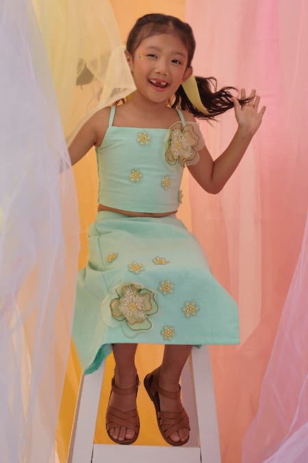 Littleens Mint Cotton Embroidery, Beads Eze 3d Skirt With Crop Top Online at Aza Fashions Littleens_Mint Cotton Embroidery, Beads Eze 3d Skirt With Crop Top _Online_at_Aza_Fashions