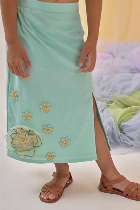 Buy Littleens Mint Cotton Embroidery, Beads Eze 3d Skirt With Crop Top Online at Aza Fashions Buy_Littleens_Mint Cotton Embroidery, Beads Eze 3d Skirt With Crop Top _Online_at_Aza_Fashions