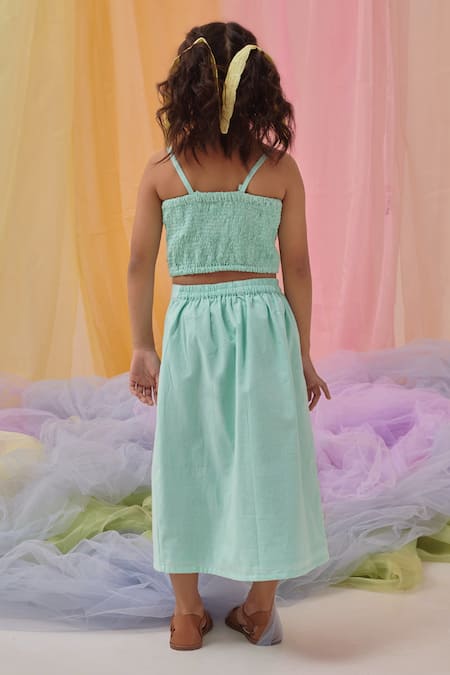 Shop Littleens Mint Cotton Embroidery, Beads Eze 3d Skirt With Crop Top at Aza Fashions Shop_Littleens_Mint Cotton Embroidery, Beads Eze 3d Skirt With Crop Top _at_Aza_Fashions