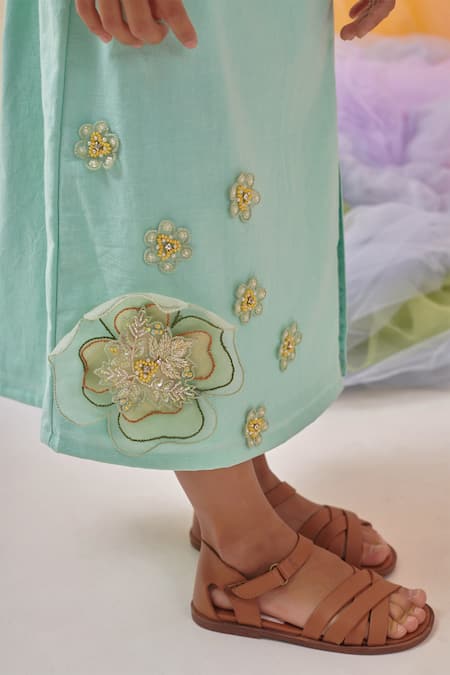 Littleens Mint Cotton Embroidery, Beads Eze 3d Skirt With Crop Top at Aza Fashions Littleens_Mint Cotton Embroidery, Beads Eze 3d Skirt With Crop Top _at_Aza_Fashions
