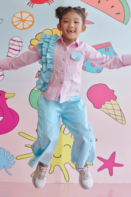 Littleens_Pink Cotton Ruffles, Embroidery Popsicle Constrast Shirt And Pant Set _Online_at_Aza_Fashions