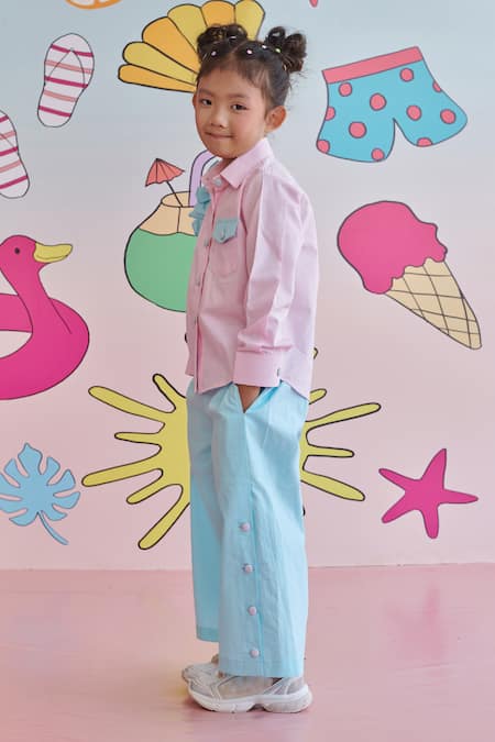 Shop_Littleens_Pink Cotton Ruffles, Embroidery Popsicle Constrast Shirt And Pant Set _Online_at_Aza_Fashions