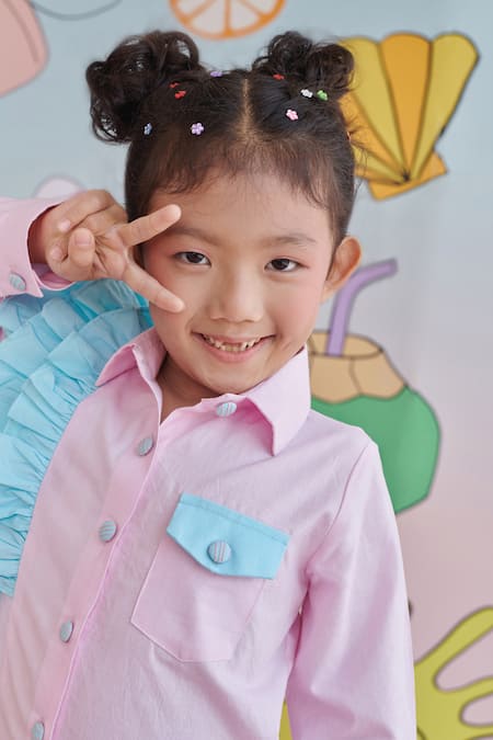 Littleens_Pink Cotton Ruffles, Embroidery Popsicle Constrast Shirt And Pant Set _at_Aza_Fashions