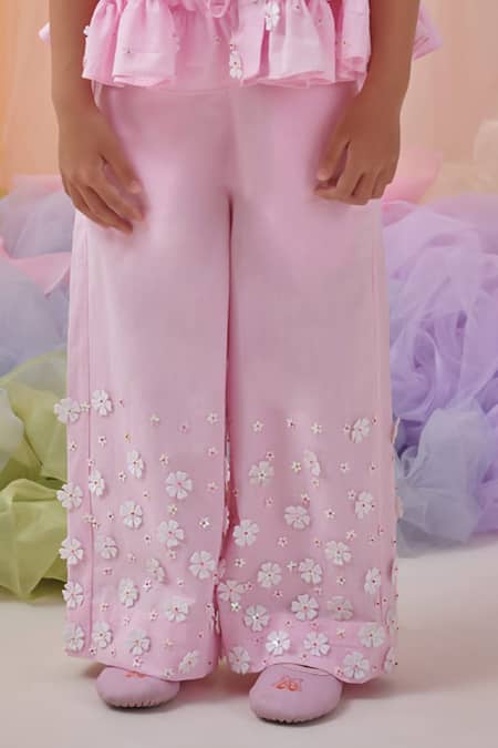 Littleens_Pink Cotton Embroidery, Fabric Flowers Miorah The Beauty Shirt And Pant Set _Online_at_Aza_Fashions