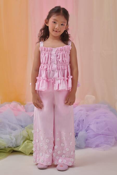 Buy_Littleens_Pink Cotton Embroidery, Fabric Flowers Miorah The Beauty Shirt And Pant Set _Online_at_Aza_Fashions