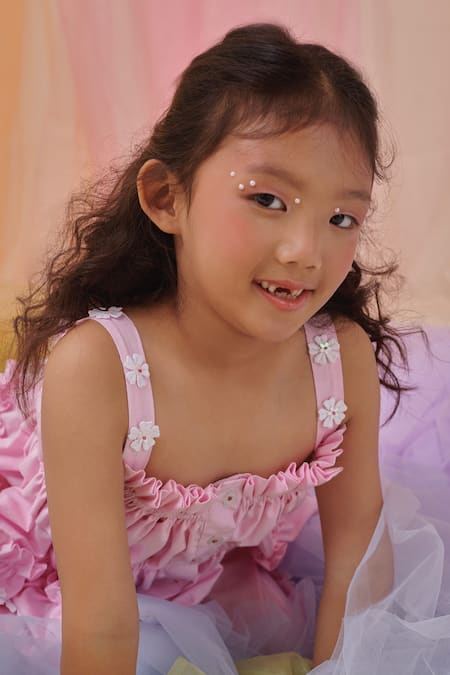 Shop_Littleens_Pink Cotton Embroidery, Fabric Flowers Miorah The Beauty Shirt And Pant Set _Online_at_Aza_Fashions