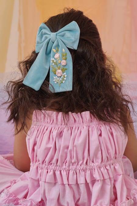 Littleens_Pink Cotton Embroidery, Fabric Flowers Miorah The Beauty Shirt And Pant Set _at_Aza_Fashions