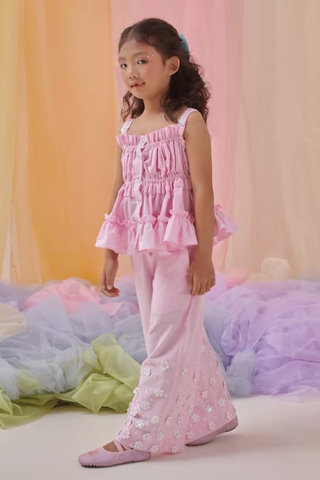 Buy_Littleens_Pink Cotton Embroidery, Fabric Flowers Miorah The Beauty Shirt And Pant Set 