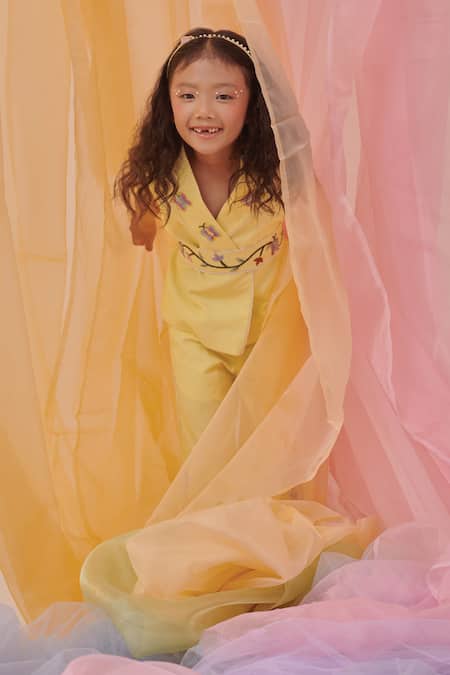 Buy Littleens Yellow Cotton Lace, Embroidery Kazumi Garden Feels Blazer Set Online at Aza Fashions Buy_Littleens_Yellow Cotton Lace, Embroidery Kazumi Garden Feels Blazer Set _Online_at_Aza_Fashions