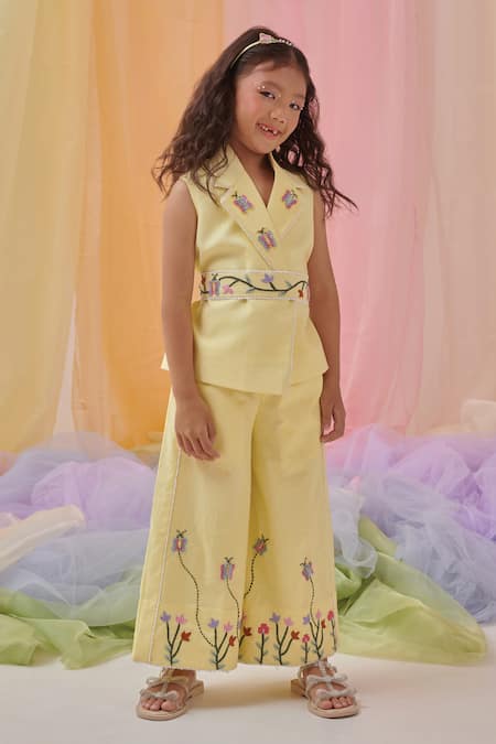 Littleens Yellow Cotton Lace, Embroidery Kazumi Garden Feels Blazer Set