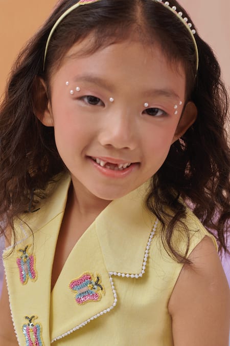 Shop Littleens Yellow Cotton Lace, Embroidery Kazumi Garden Feels Blazer Set Shop_Littleens_Yellow Cotton Lace, Embroidery Kazumi Garden Feels Blazer Set