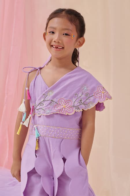 Shop Littleens Purple Cotton Tassels, Embroidery Merakithe Creative Jumpsuit Online at Aza Fashions Shop_Littleens_Purple Cotton Tassels, Embroidery Merakithe Creative Jumpsuit _Online_at_Aza_Fashions