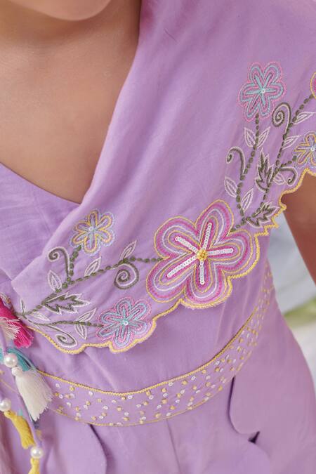 Buy Littleens Purple Cotton Tassels, Embroidery Merakithe Creative Jumpsuit Buy_Littleens_Purple Cotton Tassels, Embroidery Merakithe Creative Jumpsuit