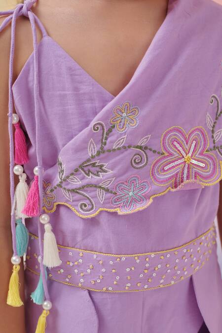 Shop Littleens Purple Cotton Tassels, Embroidery Merakithe Creative Jumpsuit Shop_Littleens_Purple Cotton Tassels, Embroidery Merakithe Creative Jumpsuit