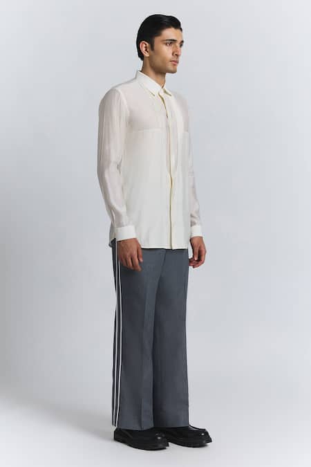 Line Out Line_Off White Chanderi Essentialist Pintuck Shirt _Online_at_Aza_Fashions