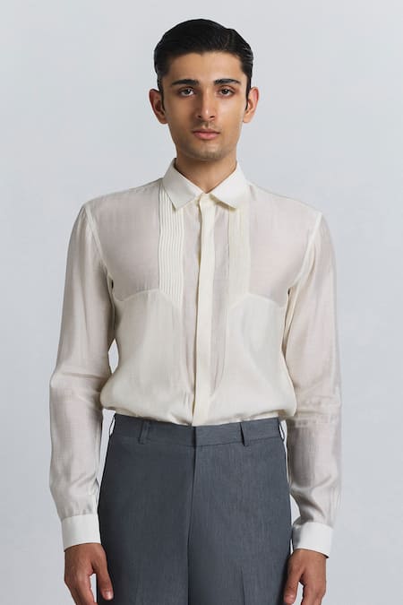 Buy_Line Out Line_Off White Chanderi Essentialist Pintuck Shirt _Online_at_Aza_Fashions