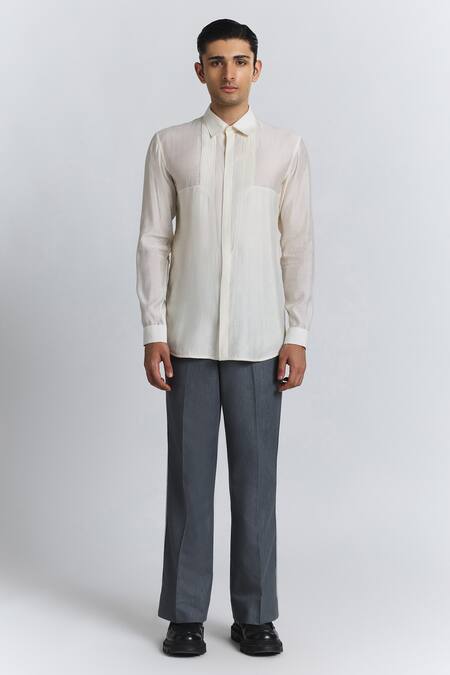 Shop_Line Out Line_Off White Chanderi Essentialist Pintuck Shirt _Online_at_Aza_Fashions