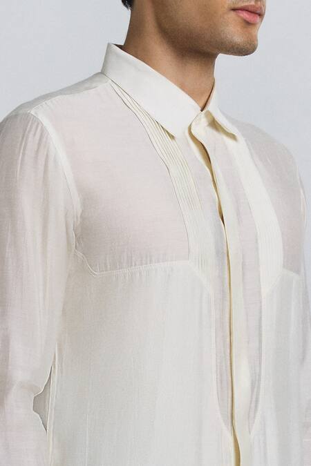 Line Out Line_Off White Chanderi Essentialist Pintuck Shirt _at_Aza_Fashions